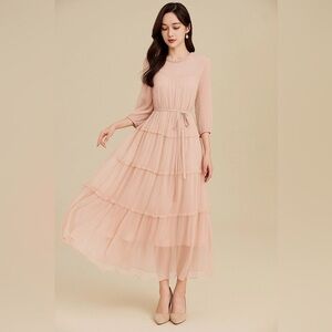 Women's 100% Mulberry Silk Midi Peach Dress For Summer Travel Size M-L SK1